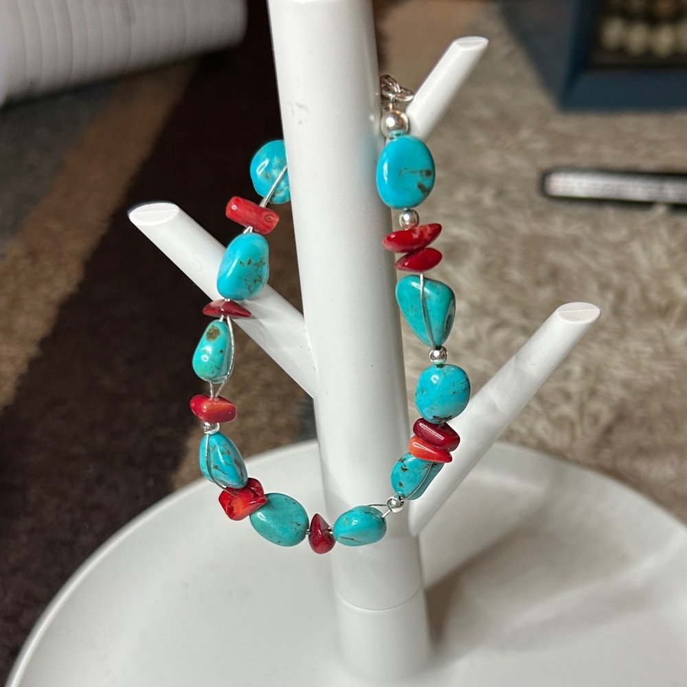 Turquoise and Red Beaded Bracelet